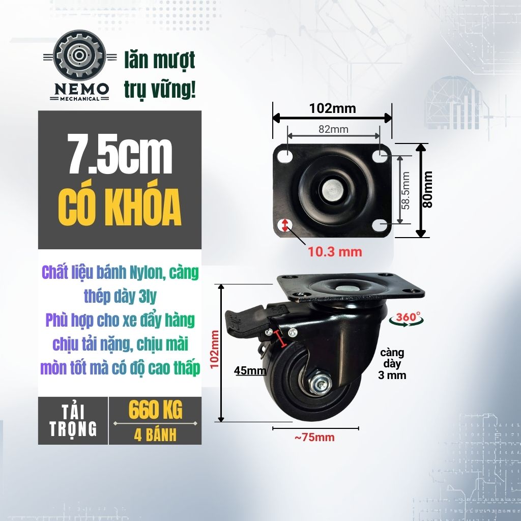 Bánh Xe Nylon Lùn Tải Nặng – Trọng Tâm Thấp, Càng Thép Dày 3mm (D50, D65, D75)